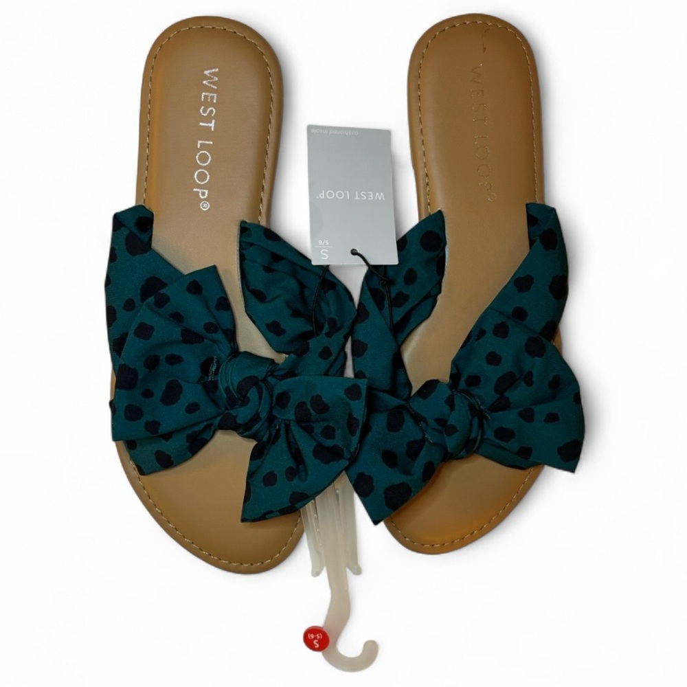 NWT West Loop 5/6 Women's Green and Black Bow Sandals Polka Dots Animal Print - Picture 2 of 4
